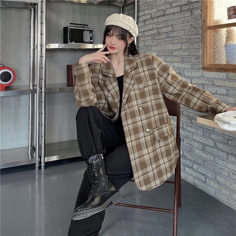チェック柄 テーラードジャケット ルーズ 韓国ファッション レディース ジャケット ダブルブレスト 大人可愛い ガーリー 大人カジュアル カジュアル DTC-627460867022
