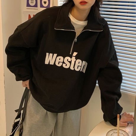 ハイネック ハーフジップ トレーナー オーバーサイズ トップス シンプル ルーズ レトロ 韓国ファッション レディース ガーリー カジュアル ストリート系 DTC-662910518099