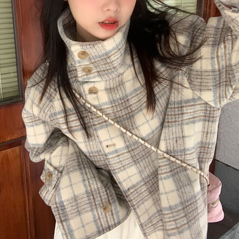 チェック柄 ショートコート スタンドカラー フェイクウール ボタン