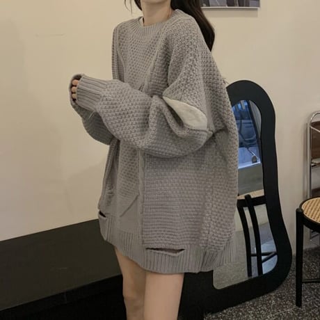 ダメージ加工 ニットセーター ダメージニット ニット ミックス編み ケーブル編み 長袖 レトロ 韓国ファッション レディース 大人可愛い ガーリー カジュアル DTC-665453440583