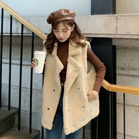 ボアベスト インナー付き セット 韓国ファッション レディース ボア ベスト アウター 羽織り ノースリーブ 体型カバー シンプル 大人カジュアル 韓国 (DTC-603949564868)
