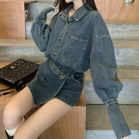 セットアップ 上下セット デニムシャツ デニムスカパン アシンメトリー アシメ ショートパンツ ハイウエスト 長袖 ルーズ レトロ 大人可愛い ガーリー カジュアル DTC-742722493272