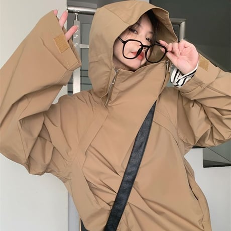 フード付き トレンチ ジャケット スタンドカラー ジップアップ ドローコード ルーズ 長袖 レトロ 韓国ファッション レディース 大人可愛い ガーリー カジュアル DTC-684850974613