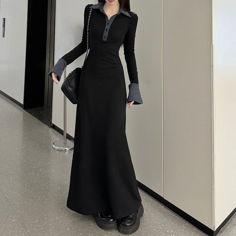 襟付き ニットワンピース スリムフィット  ロングワンピース ワンピース Aライン 長袖 レトロ 韓国ファッション レディース 大人可愛い ガーリー DTCA-868291827976