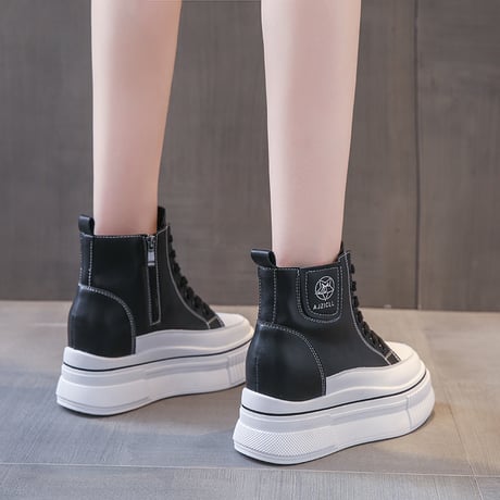 厚底 ハイカットスニーカー 22.0～25.0cm インソール サイドジッパー ファスナー ショートブーツ シューレース カジュアル 韓国ファッション レディース DTC-682592669522