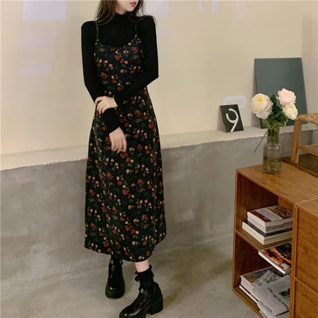 花柄 キャミワンピース スリングワンピース ロング丈 ノースリーブ レトロ 韓国ファッション レディース 大人可愛い ガーリー フェミニン DTC-657889153535