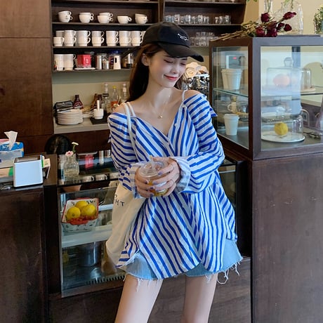 ストライプ柄 シャツ ブラウス オフショルダー 長袖 韓国ファッション レディース 折り襟 ルーズ かわいい ガーリー (DTC-624283952292)