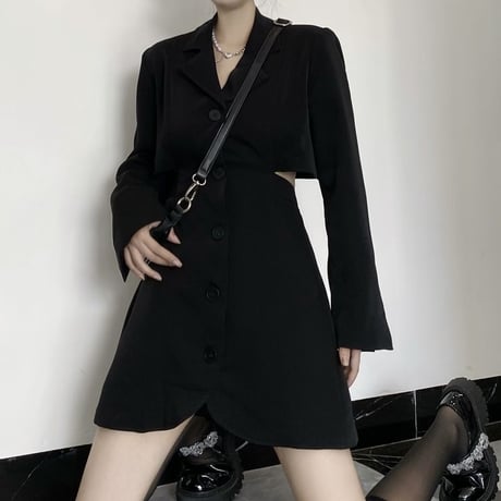 スーツワンピース オープンバッグ 背中開き 背中見せ ワンピース ハイウエスト 長袖 レトロ 韓国ファッション レディース 大人可愛い ガーリー ゴシック DTC-650160435855