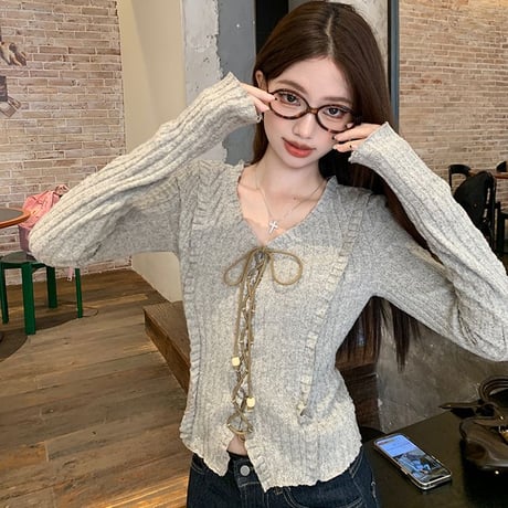 ニット トップス レースアップ Vネック スリムフィット 長袖 レトロ 韓国ファッション レディース 大人可愛い ガーリー DTCA-849831573602