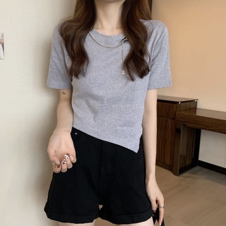 不規則デザイン クロップド丈 Tシャツ チェーンアクセサリー へそ出し 半袖 ルーズ 韓国ファッション レディース ショート丈 トップス 大人可愛い ガーリー DTC-641554527516