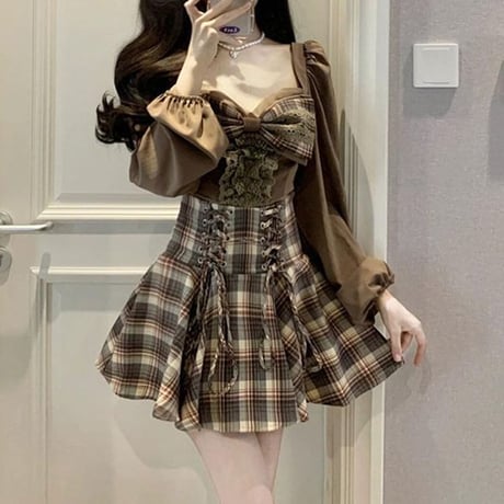 セットアップ チェック柄 大きなリボン ブラウス プリーツスカート レースアップ 編み上げ ミニスカート ハイウエスト Aライン 長袖 レトロ 大人可愛い ガーリー DTCA-708968109680