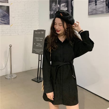シャツワンピース ベルト シャツ 長袖 韓国ファッション レディース トップス ゆったり 大人可愛い ガーリー フェミニン カジュアル DTC-627127092317