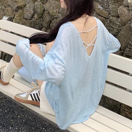 シアートップス オープンバック 背中開き ドロップショルダー 薄手 Tシャツ ルーズ 長袖 Y2K レトロ 韓国ファッション レディース 大人可愛い ガーリー DTC-804963664742