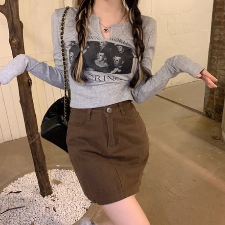 【3カラー】 Tシャツ 長袖 キーネック ショート丈 ロンT カットソー レトロ 韓国ファッション レディース 大人可愛い ガーリー カジュアル DTC-666641340557