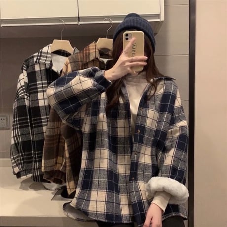 裏起毛 チェック柄 シャツ ジャケット アウター 厚手 暖かい チェックシャツ 長袖 ゆったり 韓国ファッション レディース 大人可愛い カジュアル レトロ DTC-658447529229