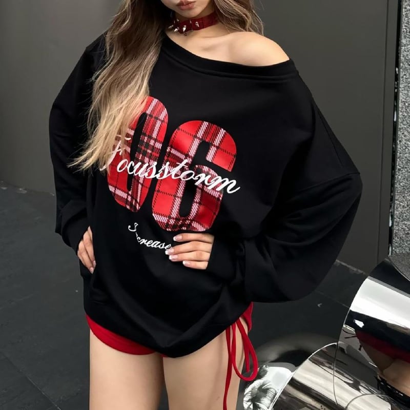 スウェット チェック柄ロゴ ナンバーロゴ プルオーバー トレーナー