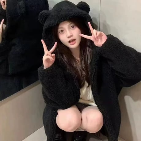 クマ耳 フード付き ボアブルゾン ファーブルゾン アウター ラムウール もこもこ 防寒 ゆったり ルーズ 長袖 冬 レトロ 大人可愛い ガーリー DTCA-831602266614