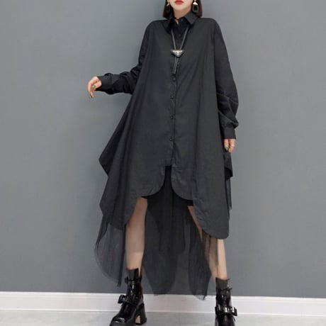 ロングシャツ シャツワンピース チュール シャツ ワンピース アシンメトリー ルーズ 長袖 レトロ 韓国ファッション レディース 大人可愛い ガーリー DTC-653970172988