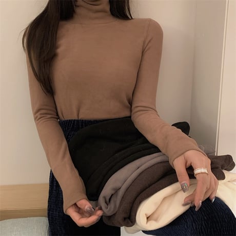 スリムフィット ハイネック カットソー 裏起毛 韓国ファッション レディース タートルネック タイト 長袖 Tシャツ 無地 レトロ (DTC-609008831719)