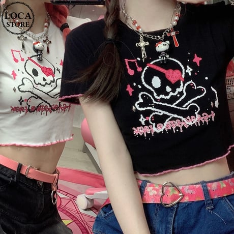 【2カラー】 Tシャツ メローロック ドクロ スカル クロップド丈 ショート丈 へそ出し 半袖 韓国ファッション レディース 大人可愛い ガーリー カジュアル DTC-644035797272
