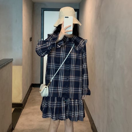 チェック柄 ワンピース フリル フロントボタン 韓国ファッション レディース シャツワンピース シングルブレスト 長袖 体型カバー 秋冬 秋 冬 (DTC-600797687356)