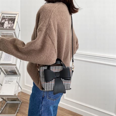2WAY ハンドバッグ ショルダーバッグ ミニバッグ 千鳥格子 リボン チェック柄 バッグ 鞄 レトロ ホワイト ブラック ブラウン DTC-631010281178