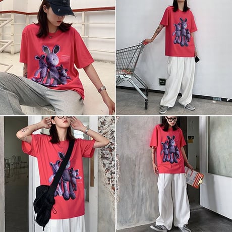ユニセックス Tシャツ 半袖 メンズ レディース ラウンドネック ラビット うさぎ プリント オーバーサイズ 大きいサイズ ルーズ ストリート TBN-622458443446