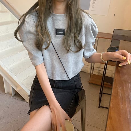 クロップド丈 Tシャツ へそ出し パフ袖 半袖 ラウンドネック ルーズ 韓国ファッション レディース ショート丈 トップス カットソー 夏 大人可愛い ガーリー DTC-641446398844