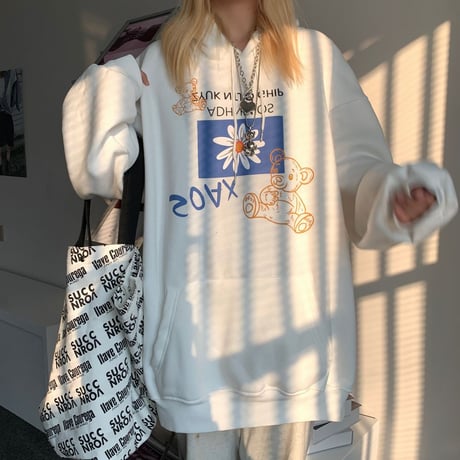 ユニセックス パーカー プルオーバー クマ フラワー 裏起毛 長袖 オーバーサイズ カジュアル 韓国ファッション メンズ レディース 韓国ストリートファッション DTC-684245754495