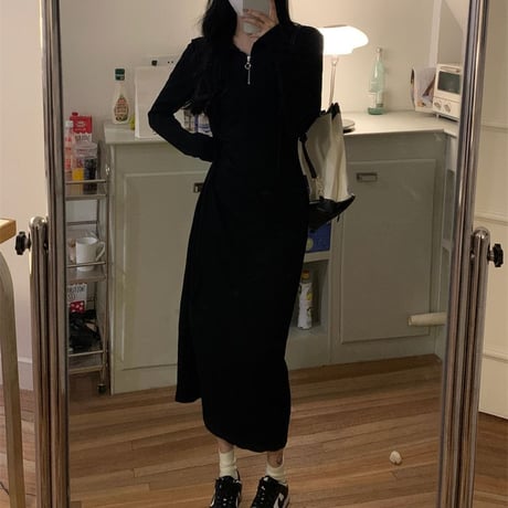 フード付き ニットワンピース ハーフジップ スリム ロングワンピース ニット ハイウエスト 長袖 レトロ 韓国ファッション レディース 大人可愛い ガーリー DTC-737695949703