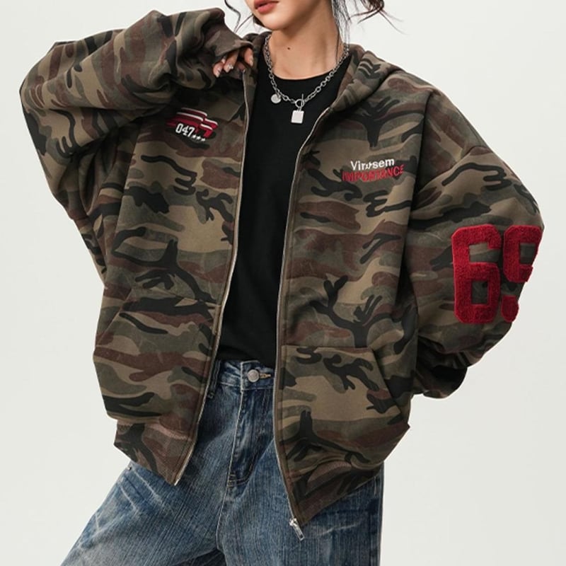 迷彩柄 ジップアップ パーカー トップス カモフラ柄 フード付き