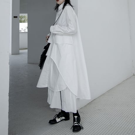 シャツワンピース ロングシャツ シャツ ワンピース アシンメトリー 不規則デザイン ルーズ 長袖 レトロ 韓国ファッション レディース 大人可愛い ガーリー DTC-634484580166