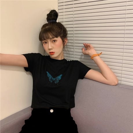 バタフライ Tシャツ 半袖 ショート丈 ブラック 韓国ファッション レディース 蝶 黒 かわいい ガーリー DTC-615160318594_bk