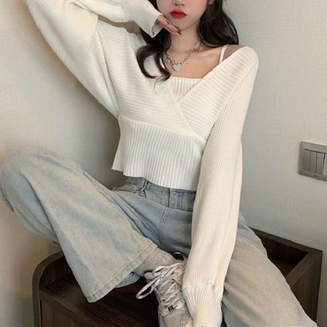 リブニット フェイクレイヤード ルーズ 長袖 セーター 韓国ファッション レディース ニット ゆったり 大人可愛い ガーリー DTC-653558986383