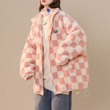 ボアジャケット ボアブルゾン ブロックチェック柄 ハイネック アウター 暖かい 防寒 もこもこ ゆったり ジップアップ レトロ カジュアル ストリートファッション DTC-658864986834