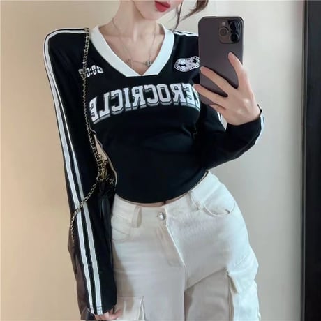 ユニフォーム風 tシャツ クロップド丈 ゲームtシャツ ロンT 袖ライン スリムフィット トップス Vネック 長袖 レトロ カジュアル スポーツミックス DTCA-817363745673
