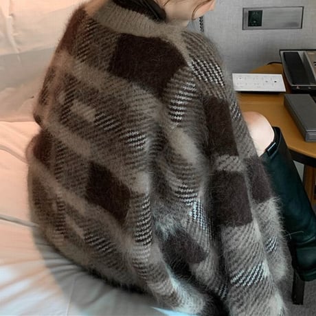 チェック柄 ニットカーディガン アウター 防寒 Vネック 長袖 モヘア 暖かい レトロ 韓国ファッション レディース 大人可愛い ガーリー DTC-656756596546