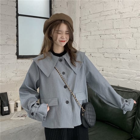 大きい襟 ジャケット 袖ベルト 韓国ファッション レディース ビックカラー ショートコート シングルブレスト 長袖 ゆったり 大人可愛い ガーリー DTC-627105316886