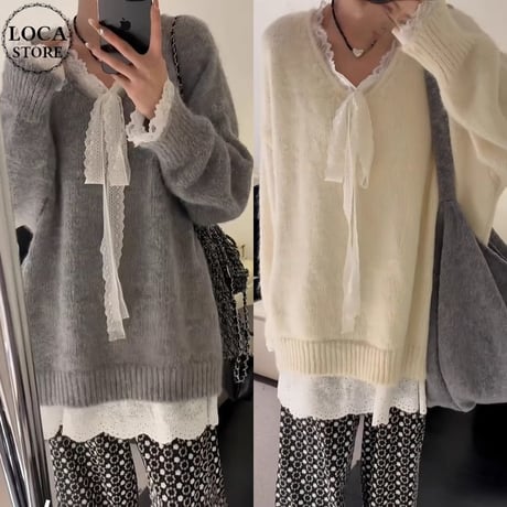 ニット レース リボン Vネック プルオーバー セーター トップス ルーズ フェイクツーピース 長袖 レトロ 大人可愛い ガーリー フェミニン カジュアル DTCA-849338174416