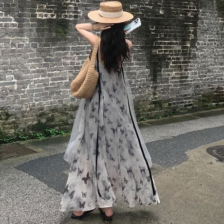 チュール ワンピース バタフライ柄 水墨画風 キャミワンピース 不規則デザイン Aライン ルーズ レトロ 韓国ファッション レディース 大人可愛い ガーリー DTC-808325106444