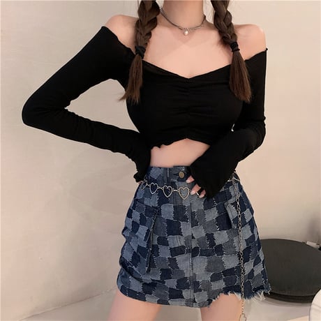 オフショル カットソー 長袖 ショート 韓国ファッション レディース トップス へそ出し Tシャツ オフショルダー Vネック スタイルアップ 大人可愛い ガーリー DTC-625937979040