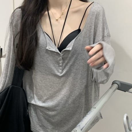 2点セット tシャツ ホルターネック キャミソール フロントボタン 薄手 オーバーサイズ トップス 長袖 レトロ 韓国ファッション レディース 大人可愛い ガーリー DTC-705063752334