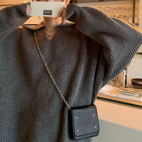 襟付き Vネック ニットトップス ニット セーター プルオーバー 開襟 トップス ルーズ レトロ 韓国ファッション レディース 大人可愛い ガーリー カジュアル DTC-691259080731