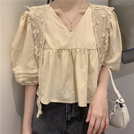 ブラウス レースショール Vネック トップス 韓国ファッション レディース ゆったり カットソー パフ袖 無地 大人可愛い ガーリー フェミニン DTC-621521099429
