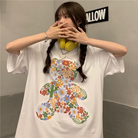 Tシャツ くまちゃん 花 刺繍 半袖 オーバーサイズ 韓国ファッション レディース トップス ベアー 大きめ カジュアル ストリートファッション DTC-643234188804