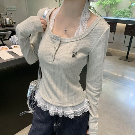 ニット レース ドッキング ヘンリーネック トップス Tシャツ フェイクレイヤード スリムフィット スクエアネック レトロ 韓国ファッション 大人可愛い ガーリー DTC-878983680406
