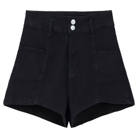 デニムショートパンツ ブラック ワイドレッグパンツ ボタン ハイウエスト Aライン レトロ 韓国ファッション レディース 大人可愛い ガーリー カジュアル DTC-667422863677