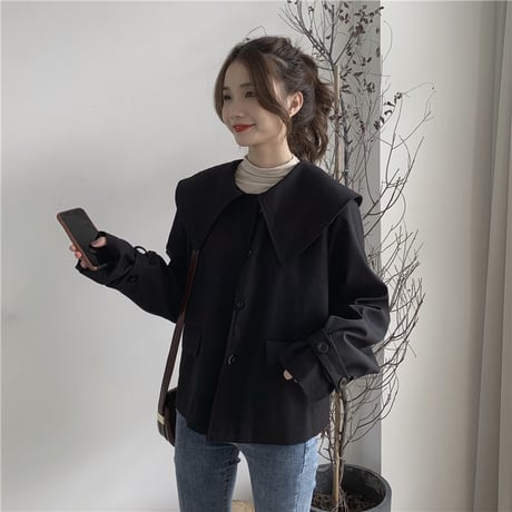 大きい襟 ジャケット 袖ベルト 韓国ファッション レディース ビックカラー ショートコート シングルブレスト 長袖 ゆったり 大人可愛い ガーリー DTC-627105316886
