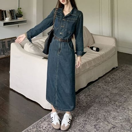 デニム ワンピース 襟付き ハイウエスト ロングワンピース ウエストマーク Aライン 長袖 レトロ 大人可愛い ガーリー カジュアル DTCA-970921557922
