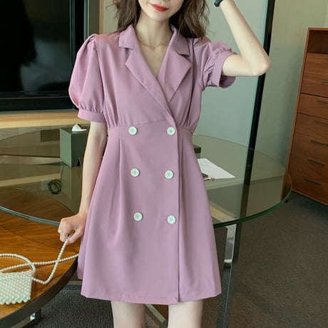 ジャケット風 ワンピース Aライン 韓国ファッション レディース ダブルボタン 半袖 ハイウエスト DTC-618226482217